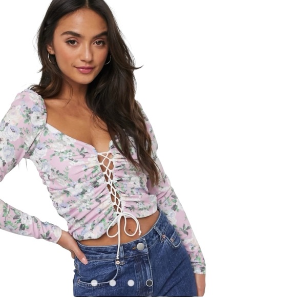 ASOS Design Long Sleeve Top with Lace Up Front Floral Print 💕 - Picture 1 of 6